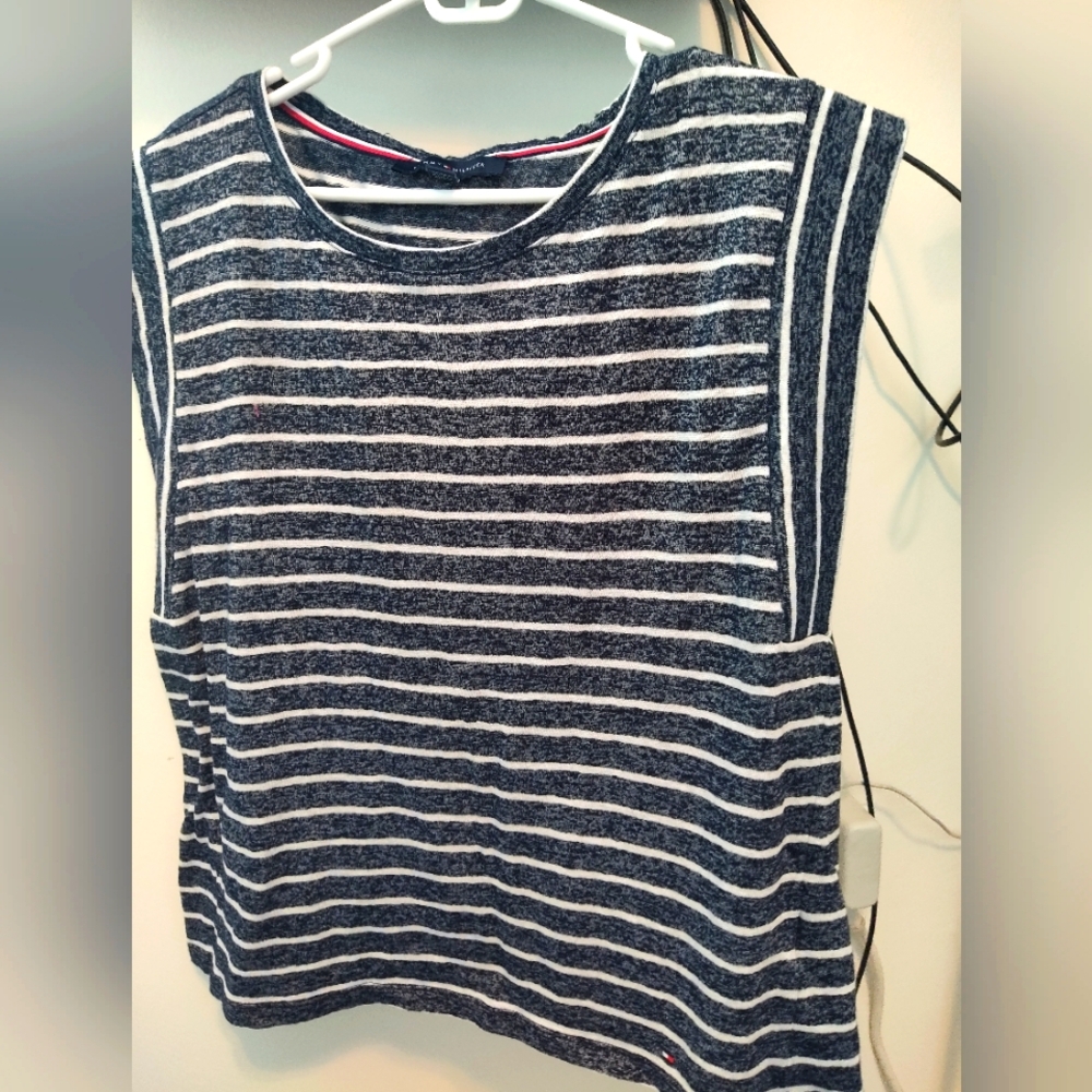 Tommy Hilfiger Striped Navy and White Women's Top XL